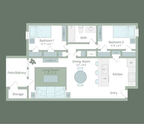 A floor plan of a house with two bedrooms, a living room, a dining room, a kitchen, a patio, and storage.
